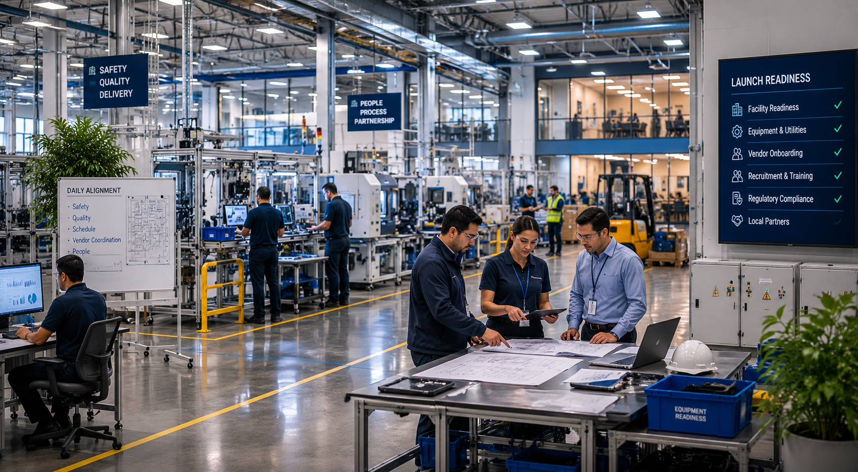 Facility readiness, equipment, vendor coordination, and operational launch